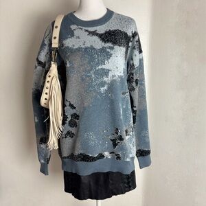 ZARA Man Abstract Blue/Grey Jacquard Knit Sweater | Size L (Unisex Fit)